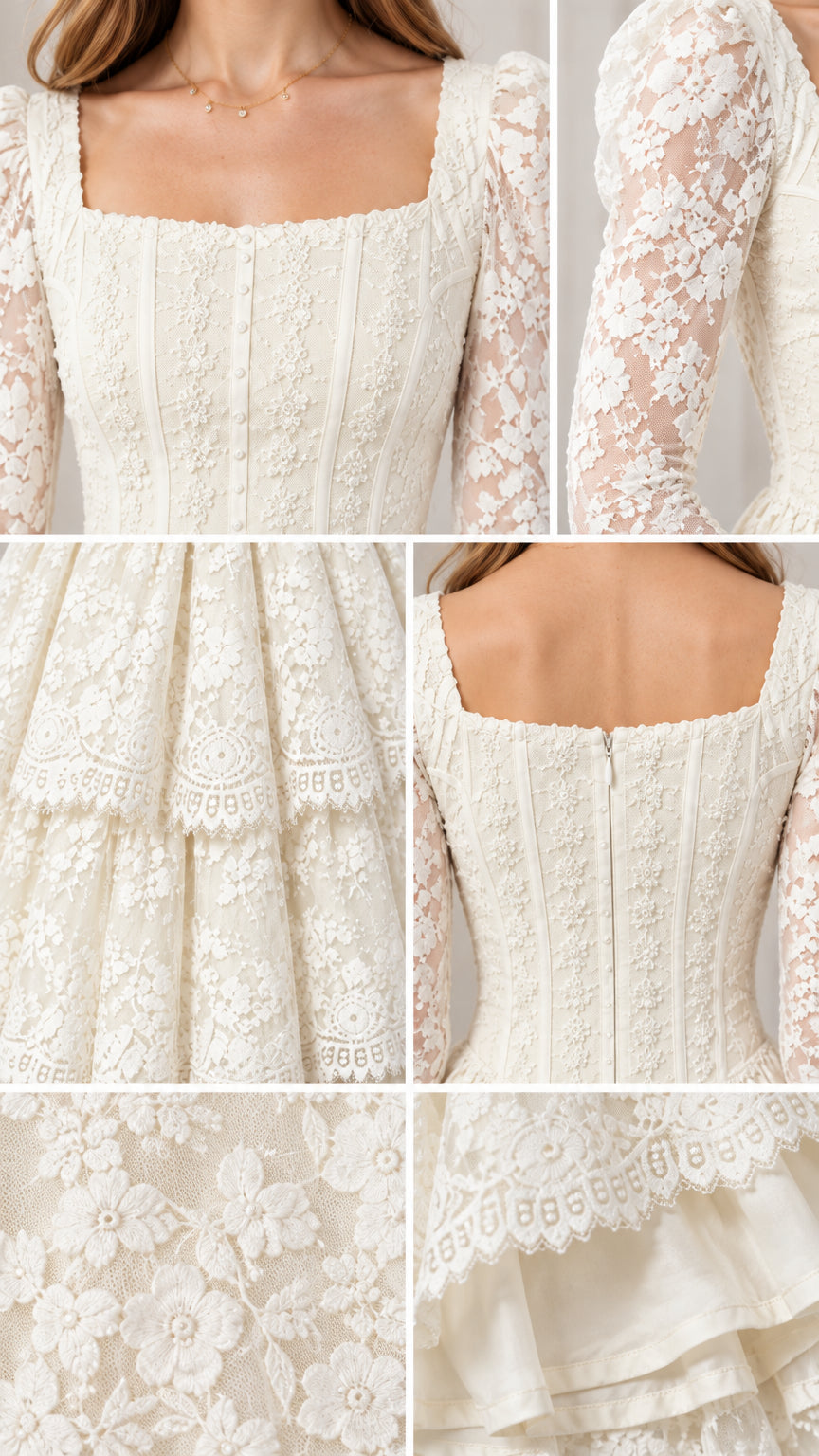 Close-up details of ivory floral lace, square neckline, and tiered skirt construction