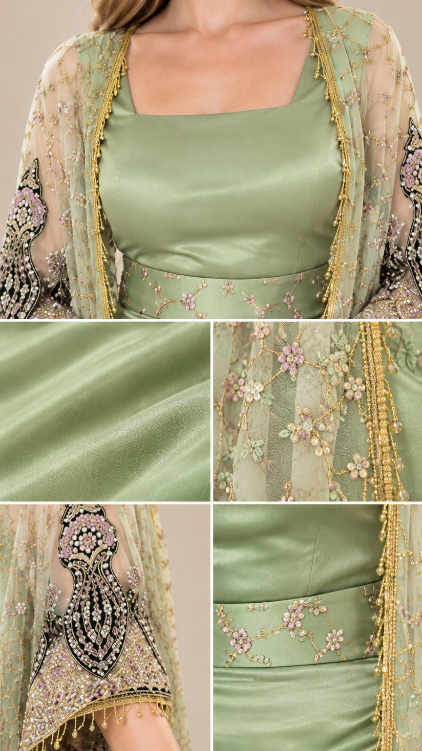 Detailed close-up of square neckline, floral waistband, and ornate embroidered mesh fabric