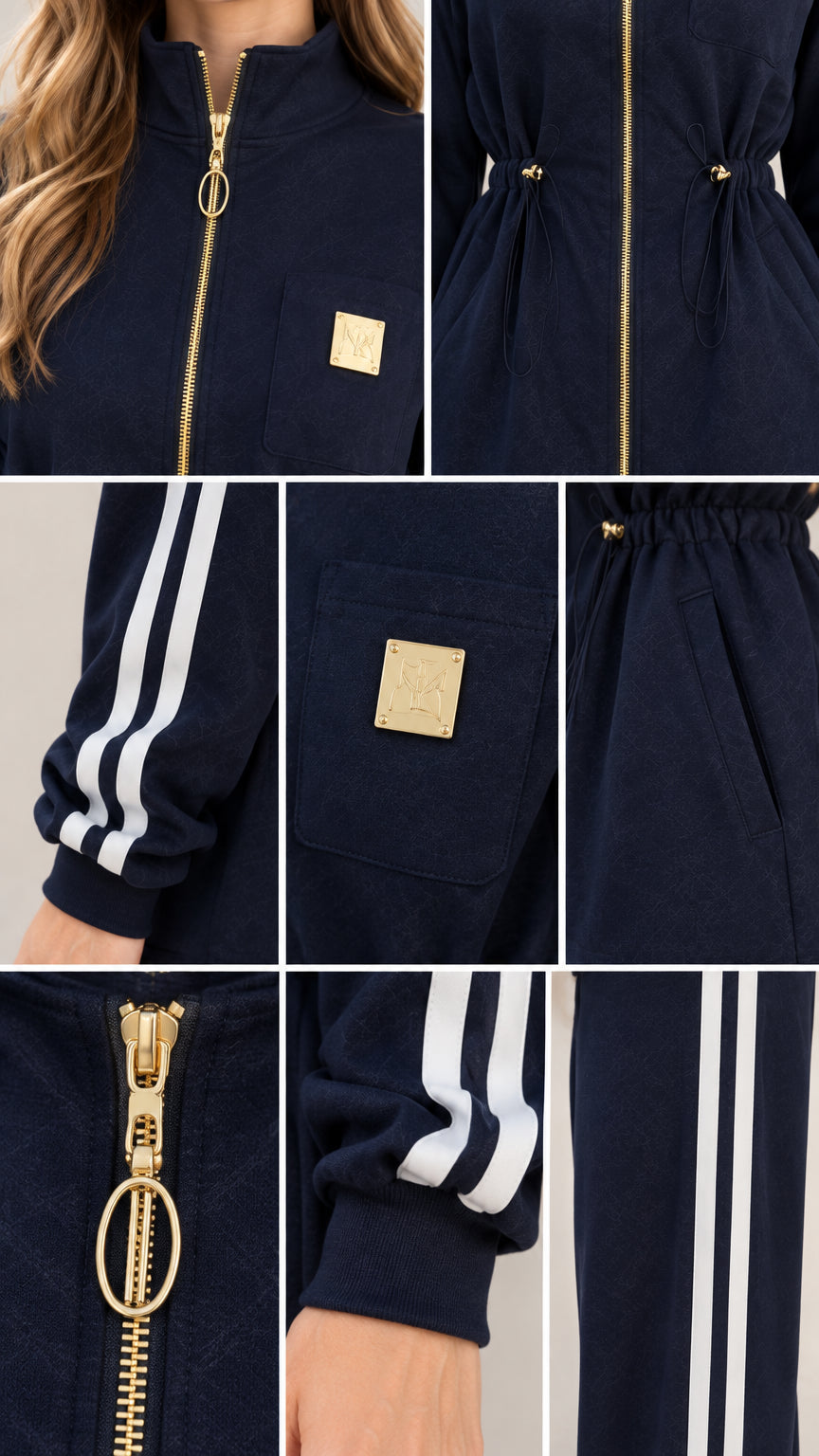 Close-up details of gold zipper, waist drawstring, cuff stripes, and pocket