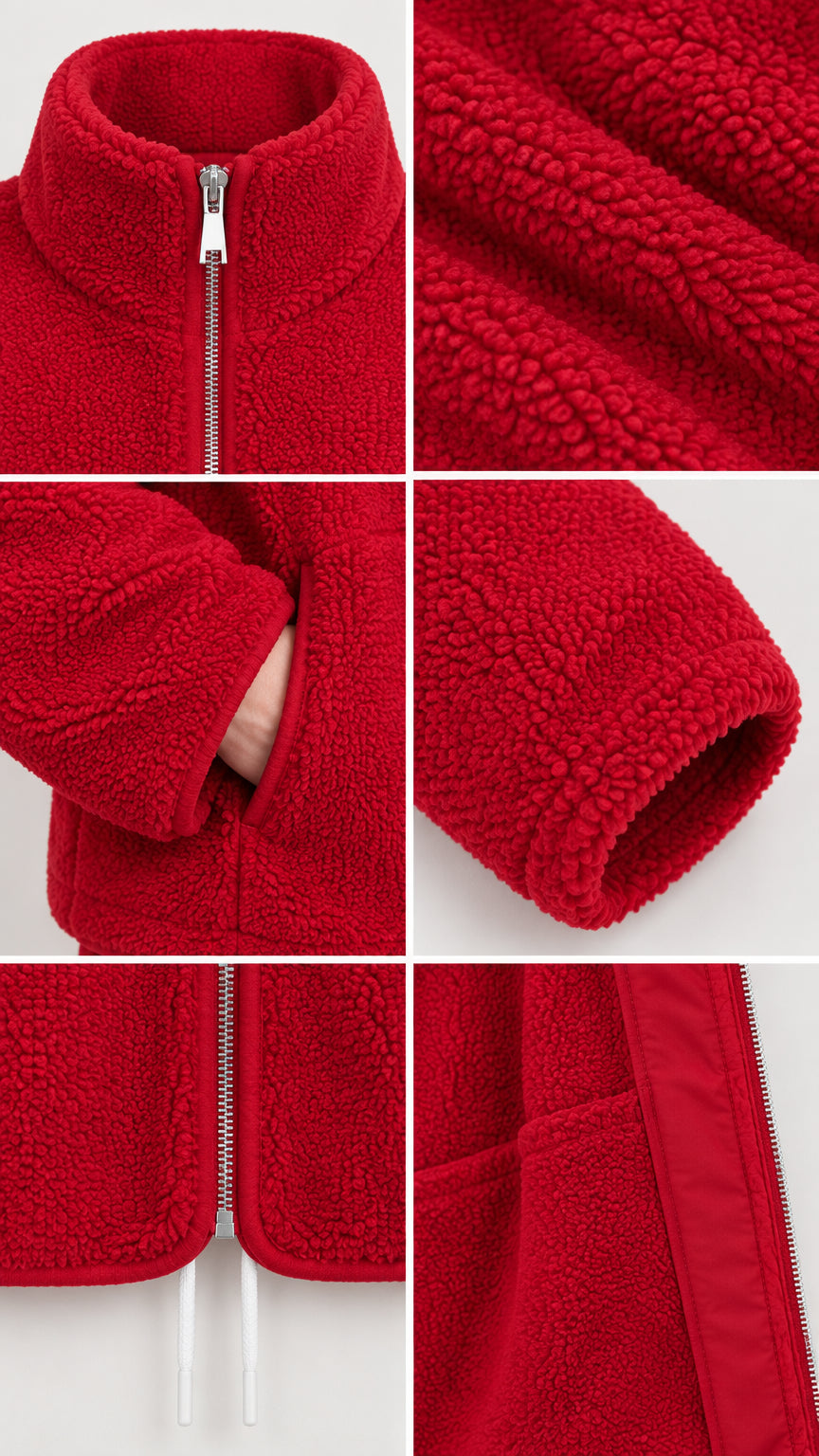 Detail composite of red sherpa jacket zipper, collar, cuff, pocket, and fleece texture