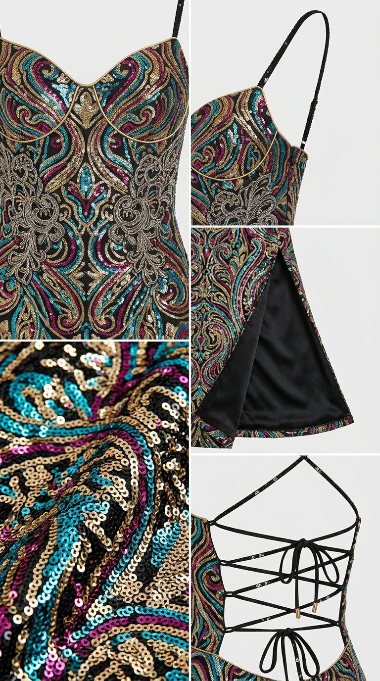 Detailed close-up of sequin embroidery, inner lining, and lace-up back construction