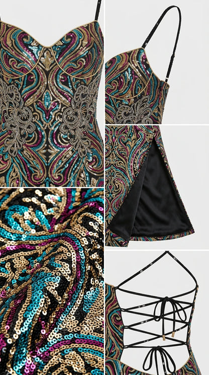 Detailed close-up of sequin embroidery, inner lining, and lace-up back construction