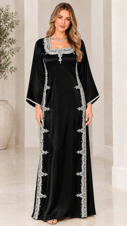 Black satin maxi kaftan dress with silver rhinestone embellished trim