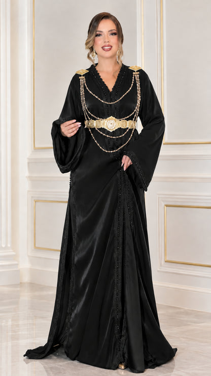 Black satin Moroccan kaftan maxi dress with gold chain embellishments