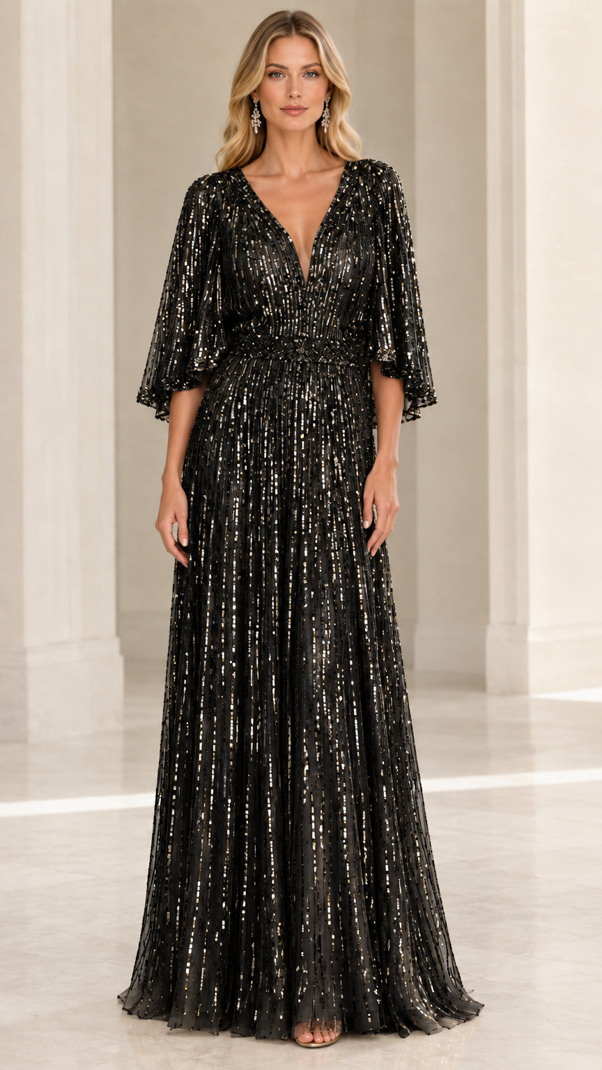 Black flutter sleeve sequin evening gown full front view