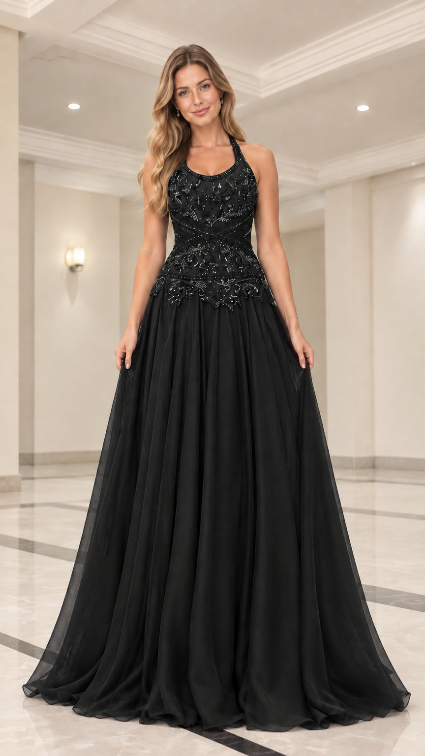 Full front view of model wearing black beaded halter neck formal maxi dress