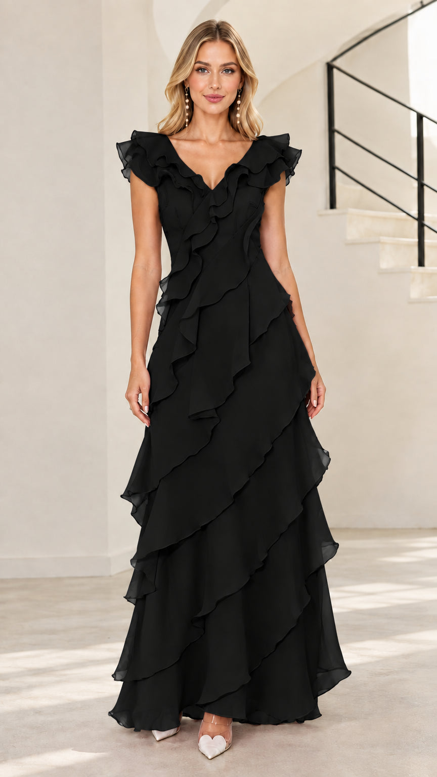 Front view of black tiered ruffle V-neck formal evening maxi dress