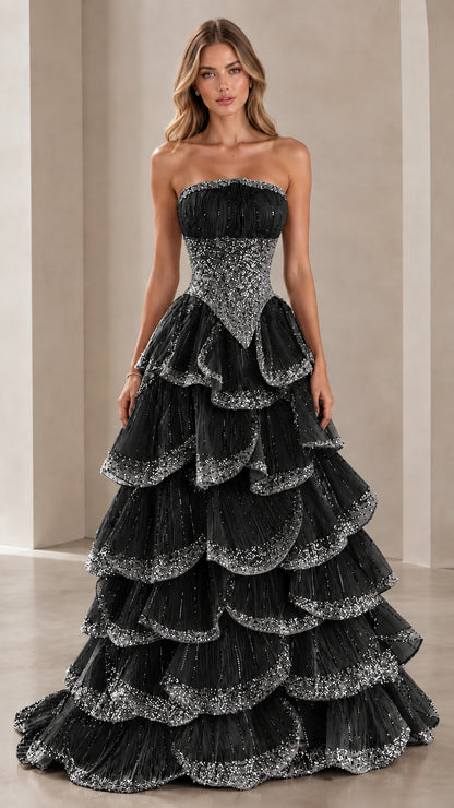 Model wearing Classic Black strapless tiered sequin evening gown