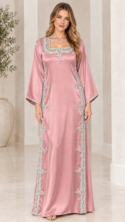 Blush pink satin maxi kaftan dress with ornate silver neckline and side detailing