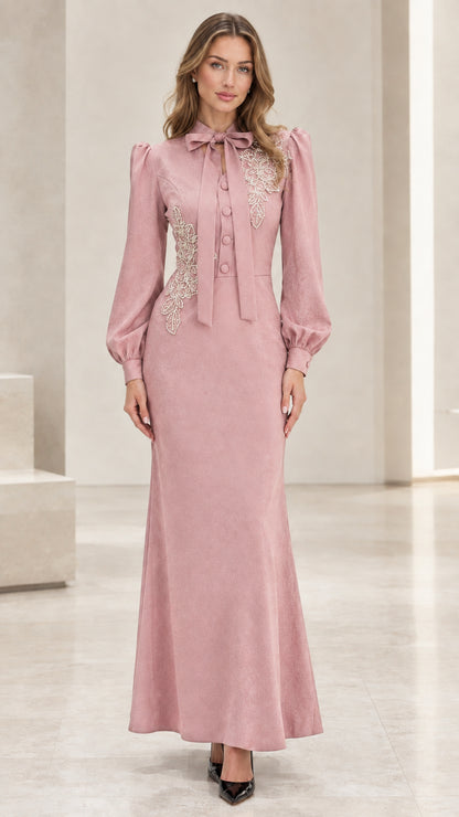 Dusty pink long sleeve embroidered bow neck maxi dress