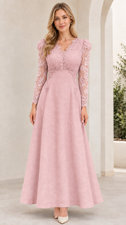 Dusty Pink lace long sleeve A-line formal maxi gown