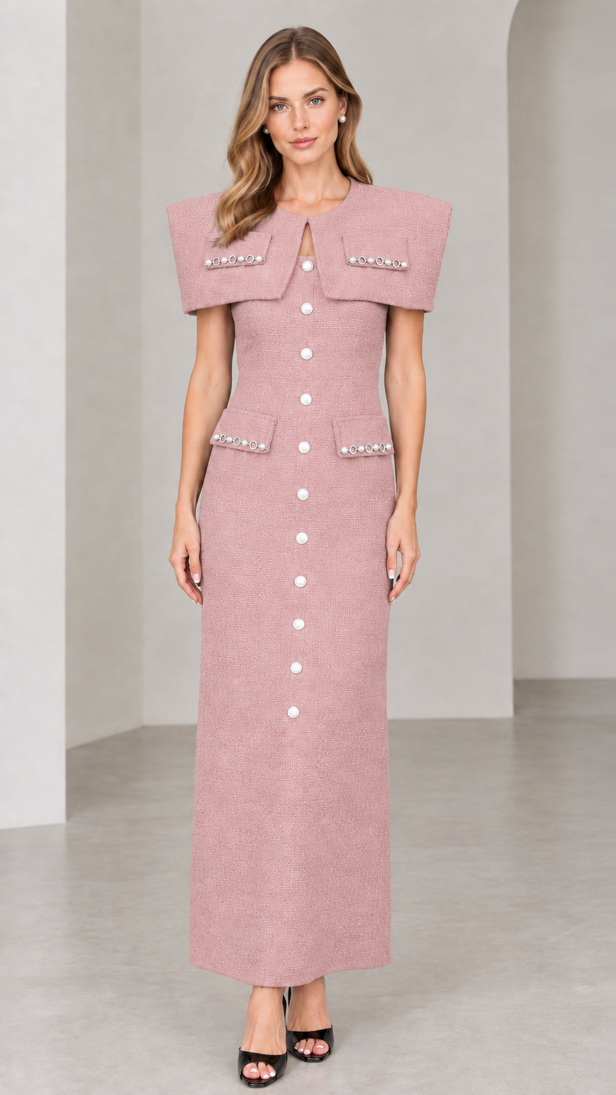 Front view of dusty pink capelet tweed maxi dress with pearl details