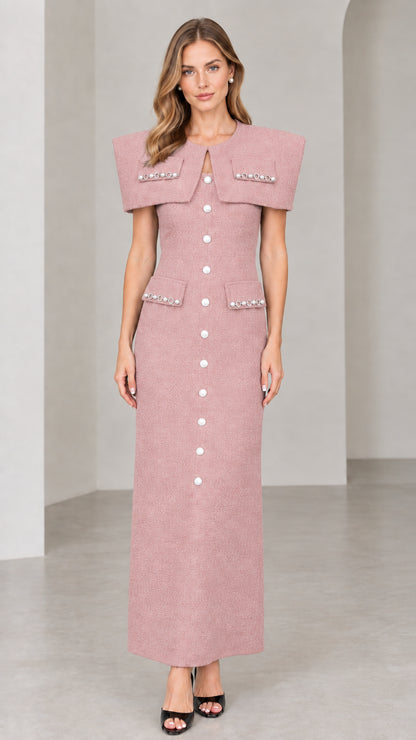 Front view of dusty pink capelet tweed maxi dress with pearl details
