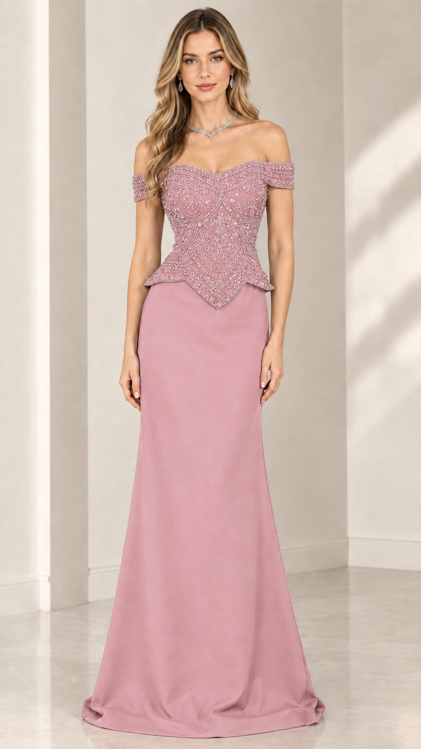 Front view of mauve pink off-the-shoulder beaded evening dress