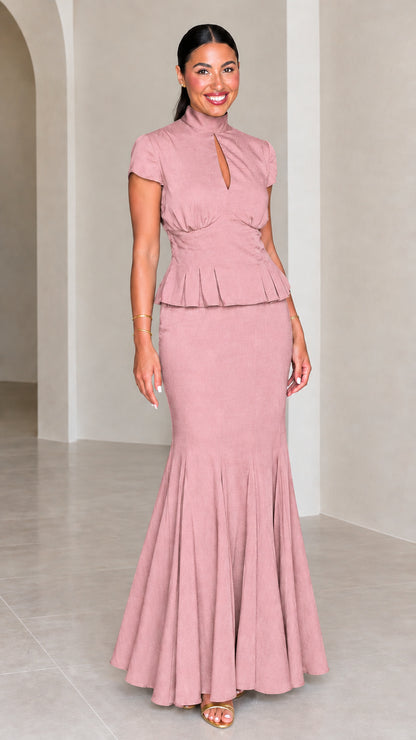 Dusty Pink high neck keyhole peplum mermaid maxi dress set