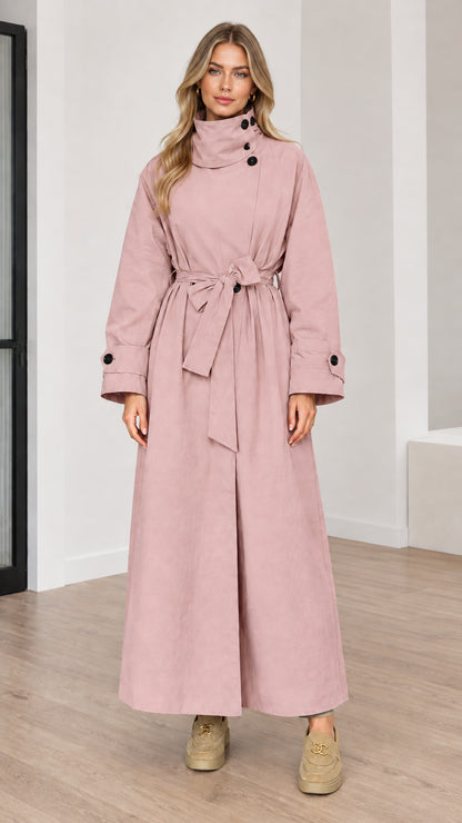 Full length view of women's dusty pink high neck maxi trench coat