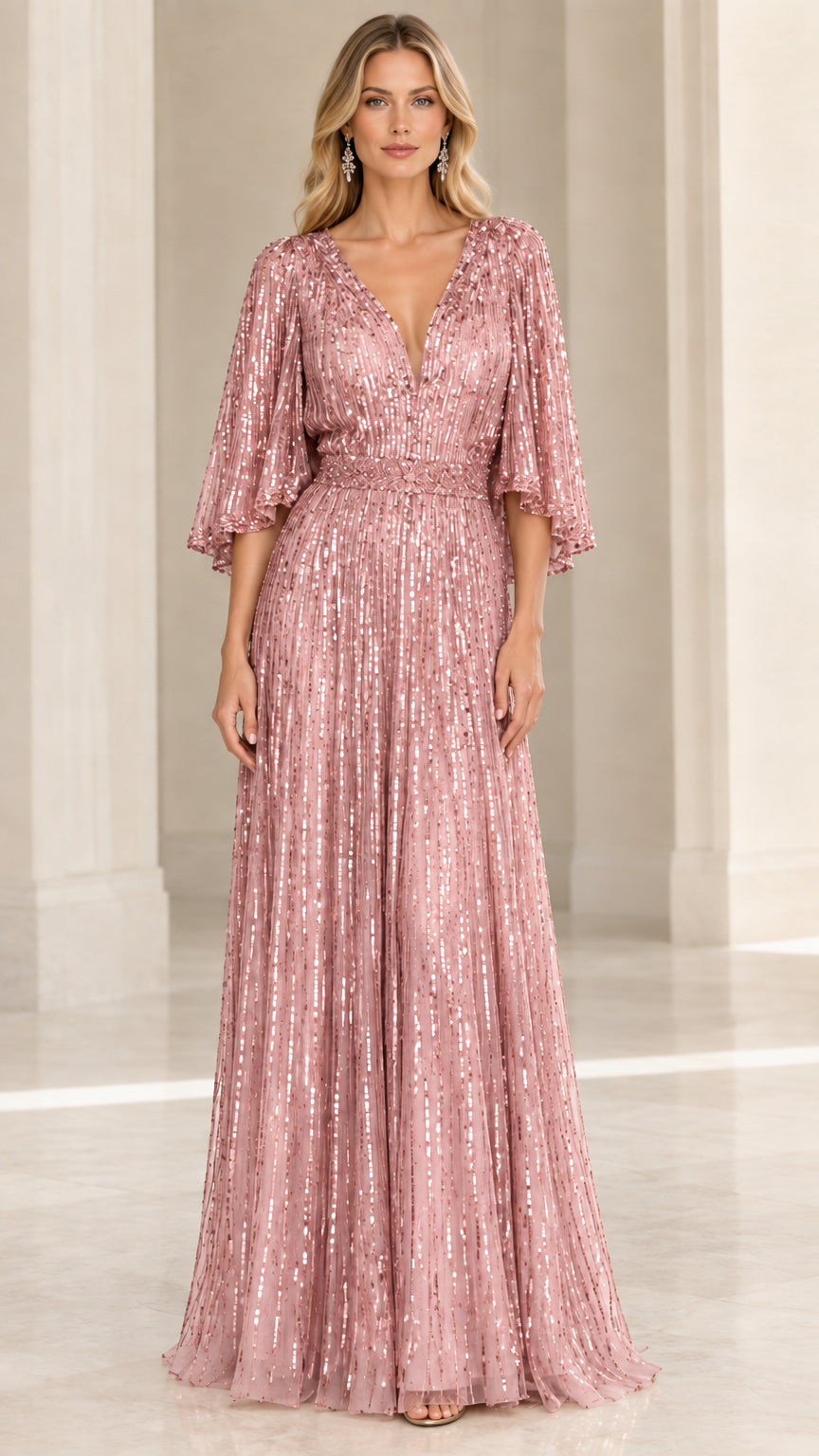 Blush pink sequin formal maxi dress with flutter sleeves