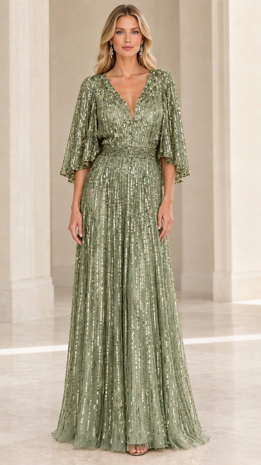 Sage green sequin evening gown with capelet sleeves full front view
