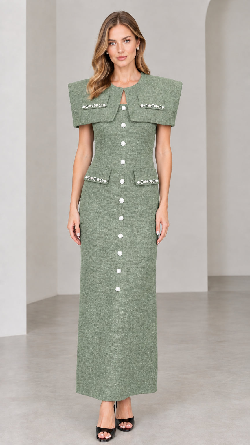 Front view of sage green capelet tweed maxi dress with front pearl buttons