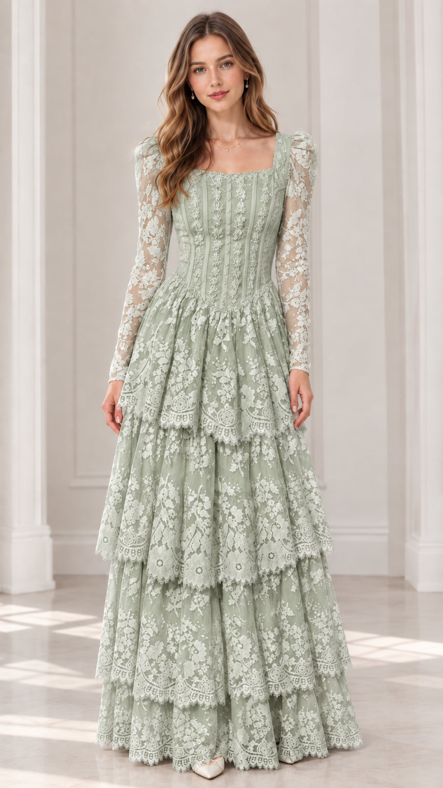 Front view of model wearing sage green long sleeve tiered lace maxi dress