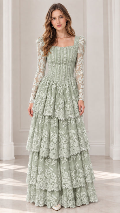 Front view of model wearing sage green long sleeve tiered lace maxi dress