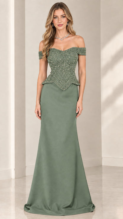 Front view of sage green off-the-shoulder beaded evening gown