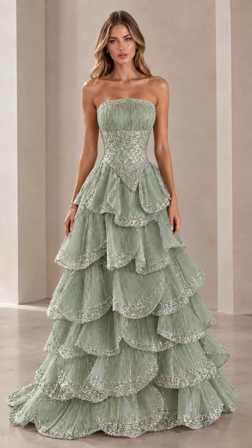Model wearing Sage Green strapless tiered sequin ball gown