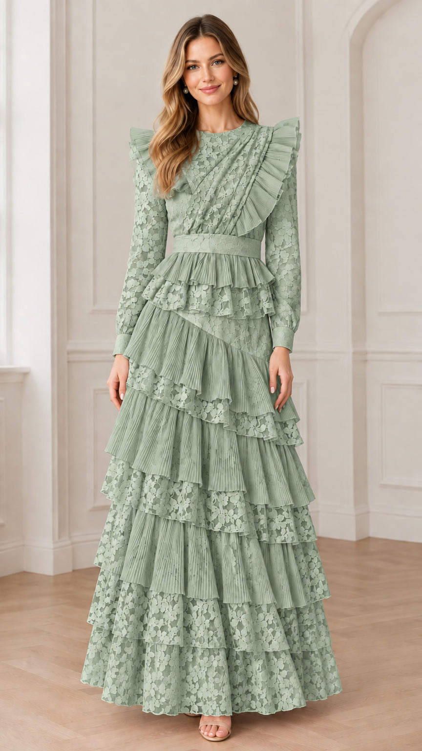 Sage green tiered ruffle floral lace evening maxi dress on model