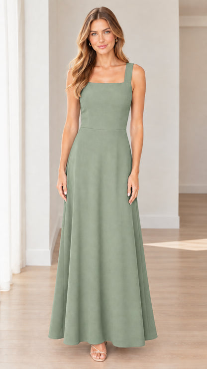 Front full-length view of model wearing sage green sleeveless evening dress