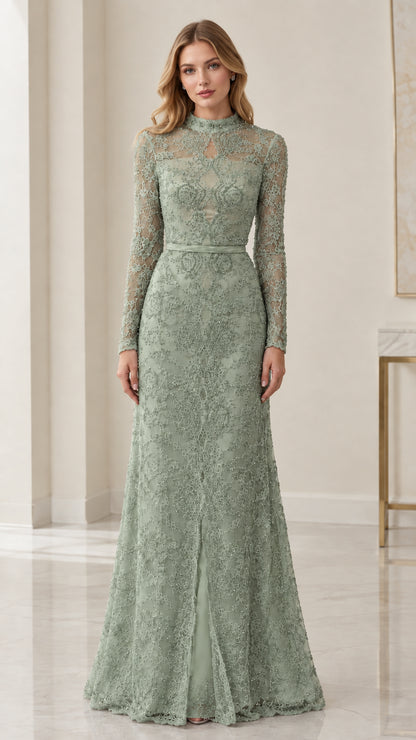 Front view of sage green mock neck long sleeve lace formal gown