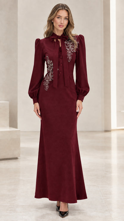 Burgundy wine red long sleeve embroidered bow neck maxi dress