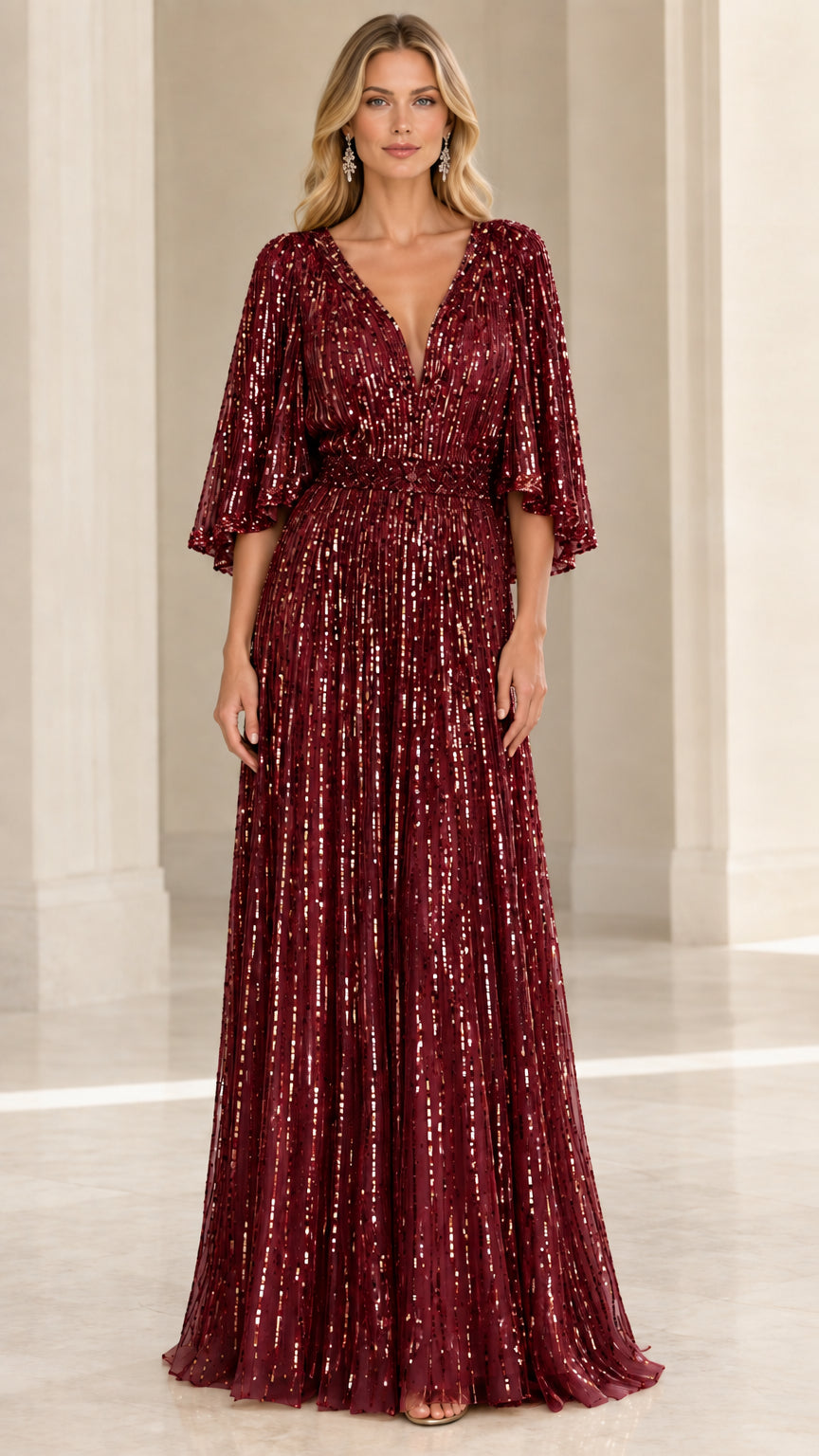 Burgundy wine red sequin evening dress with flutter sleeves full front view