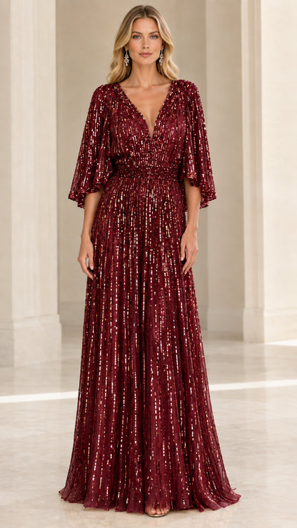 Burgundy wine red sequin evening dress with flutter sleeves full front view