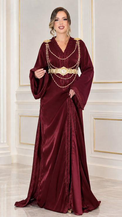 Burgundy wine red embellished satin kaftan evening gown