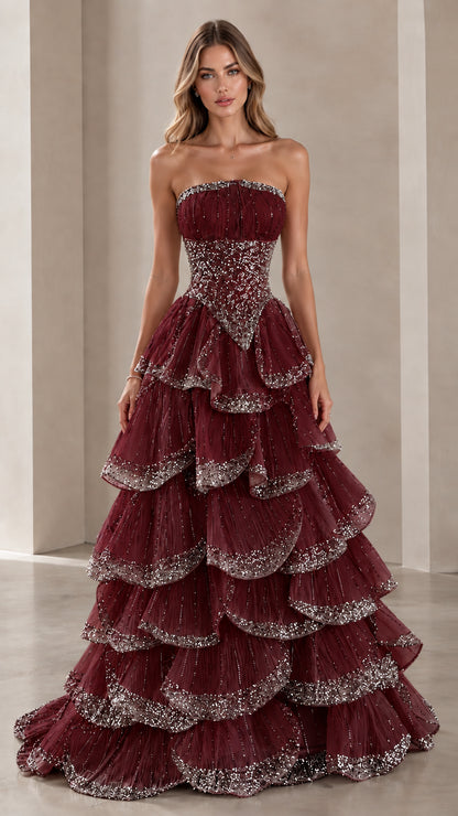 Model wearing Burgundy wine red strapless tiered formal dress