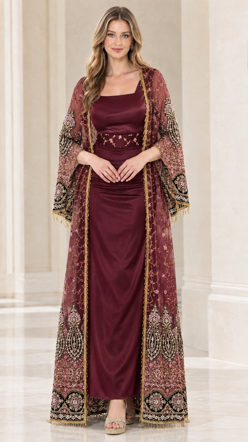 Front view of burgundy wine embroidered duster coat and floor-length evening dress