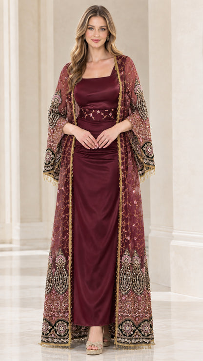 Front view of burgundy wine embroidered duster coat and floor-length evening dress