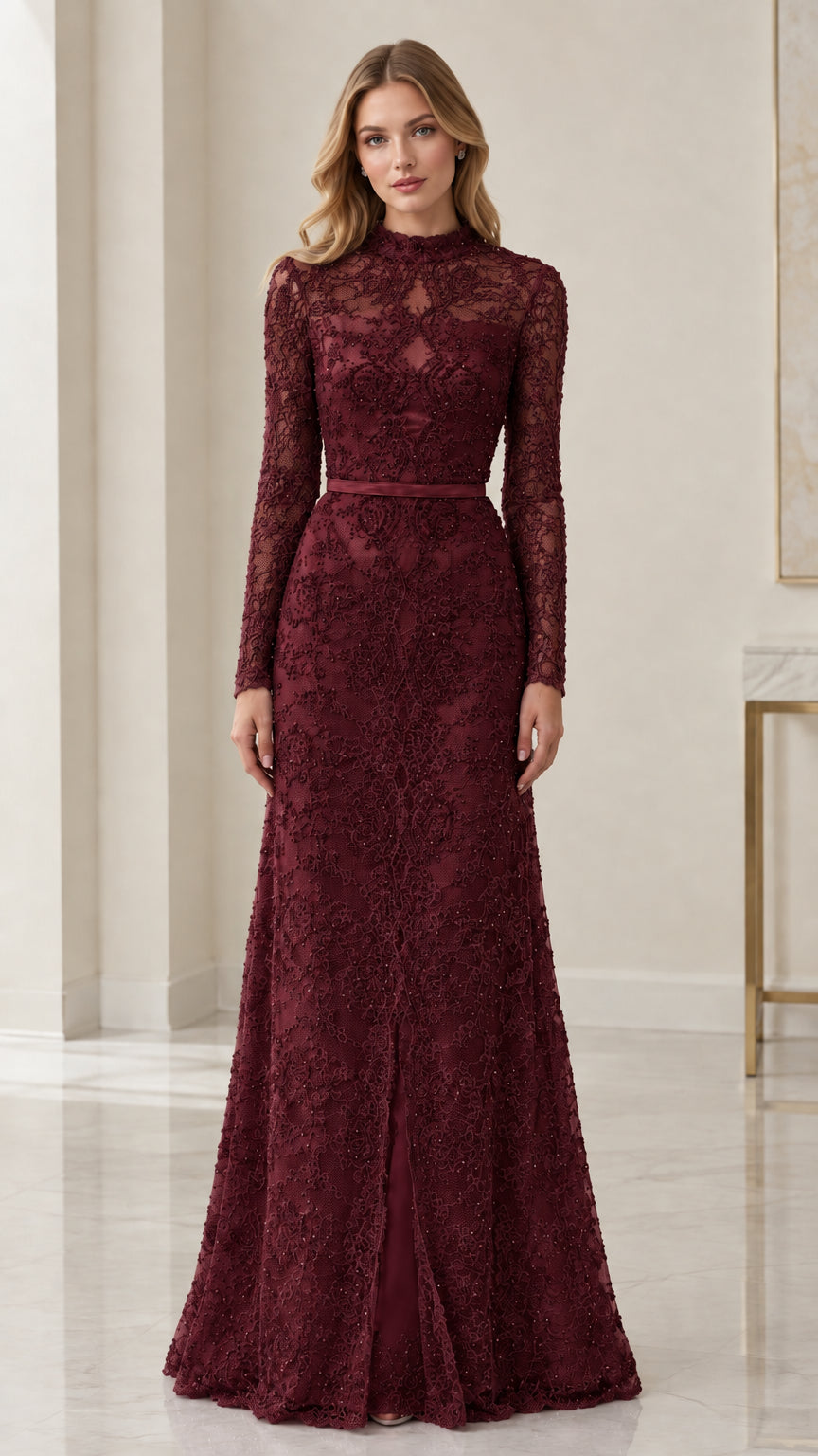 Front view of burgundy long sleeve lace maxi evening gown