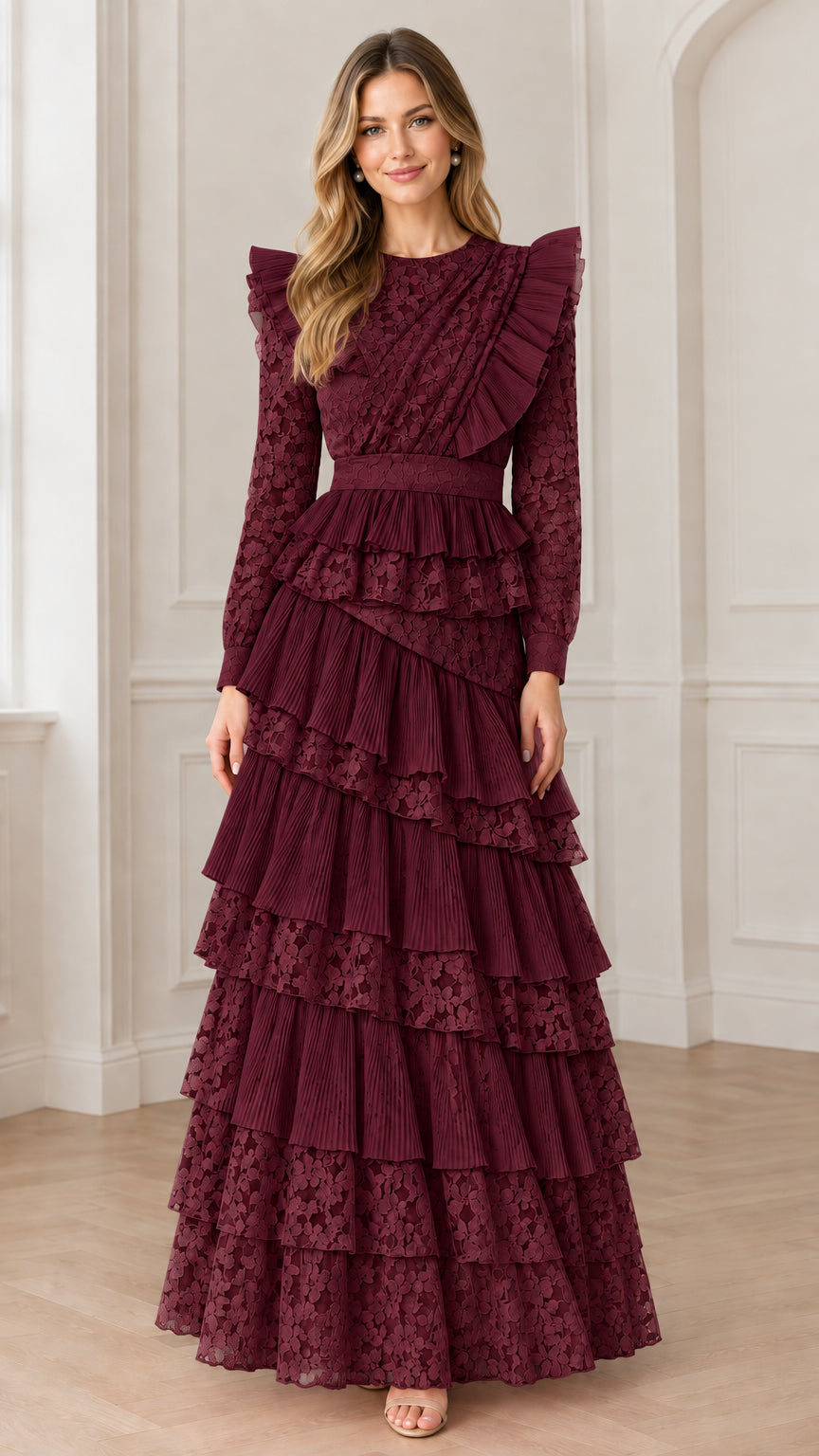 Burgundy wine red long sleeve tiered lace gown with ruffle accents