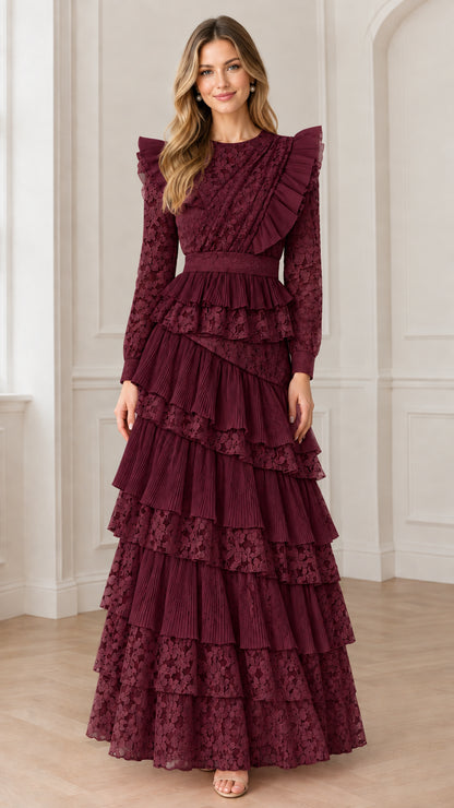 Burgundy wine red long sleeve tiered lace gown with ruffle accents