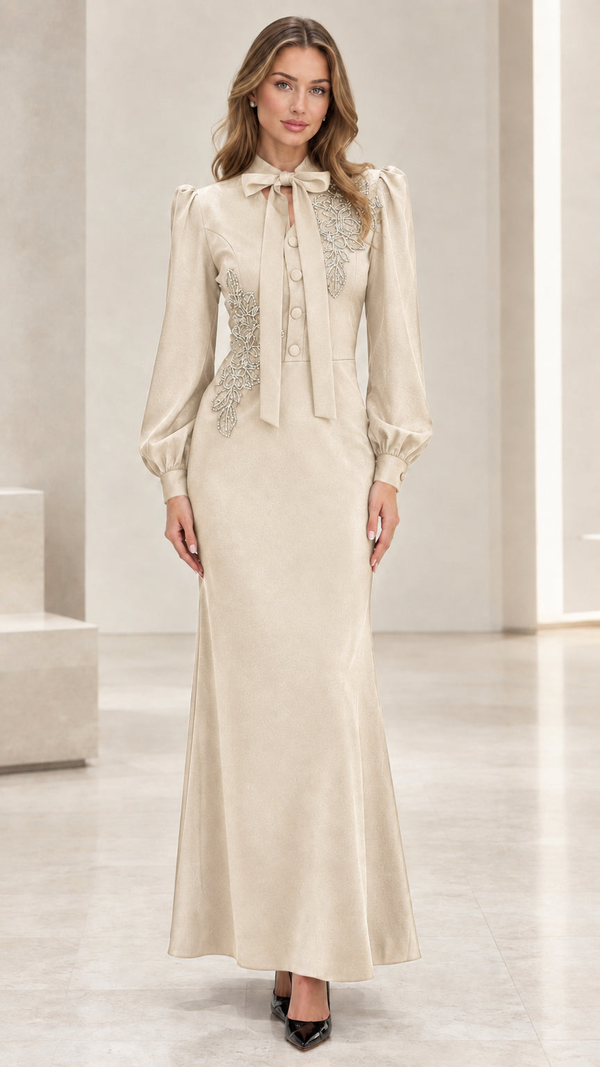 Champagne beige long sleeve embroidered bow neck maxi dress