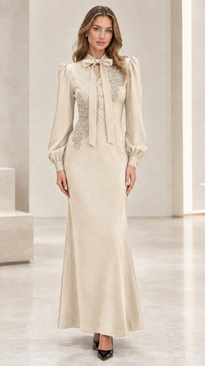 Champagne beige long sleeve embroidered bow neck maxi dress