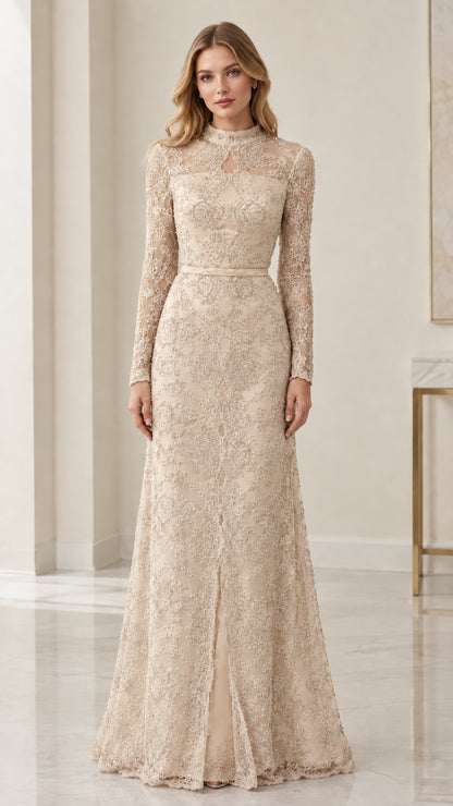Front view of champagne beige mock neck long sleeve lace evening dress