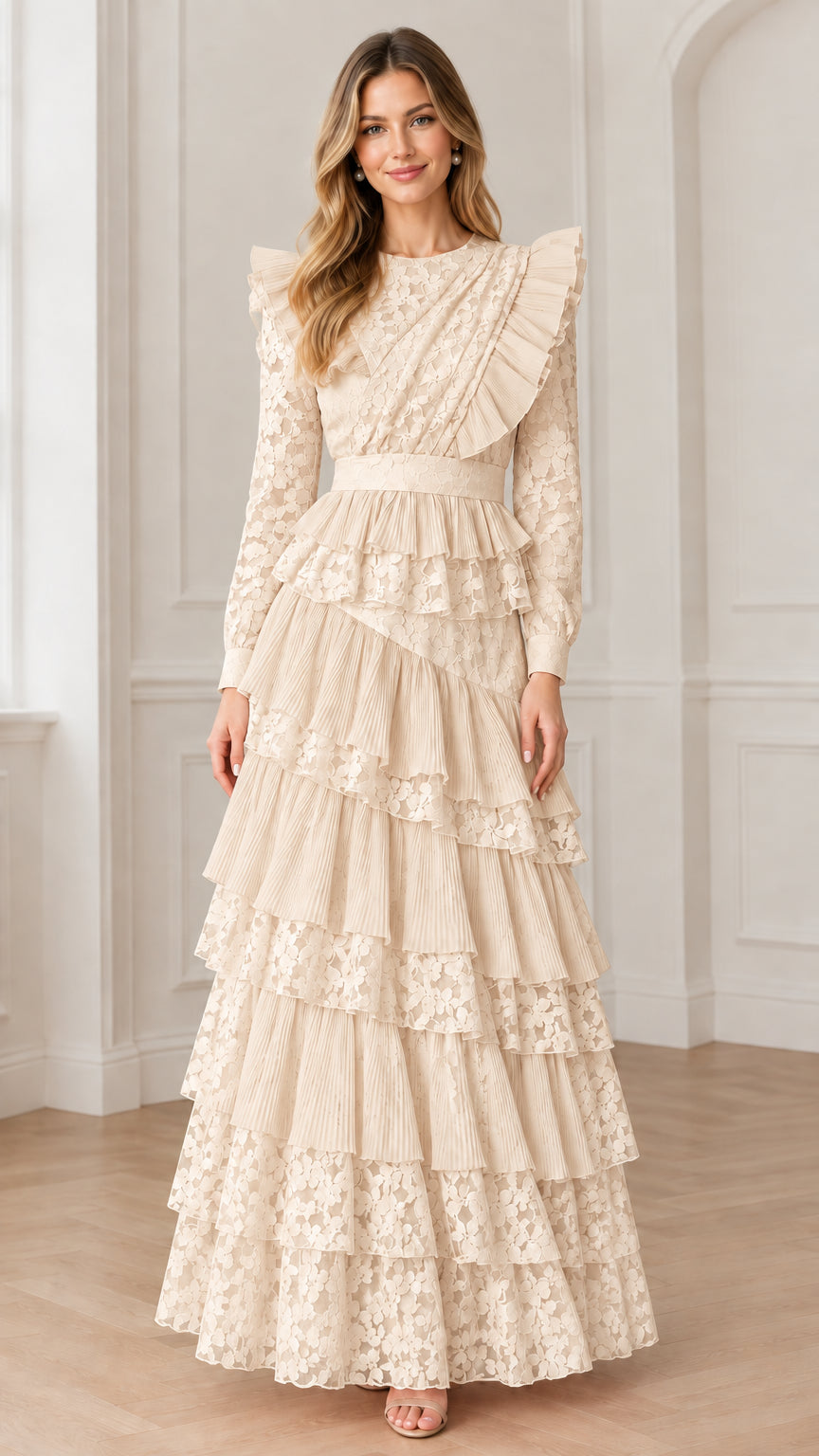 Champagne cream tiered floral lace evening maxi dress with long sleeves