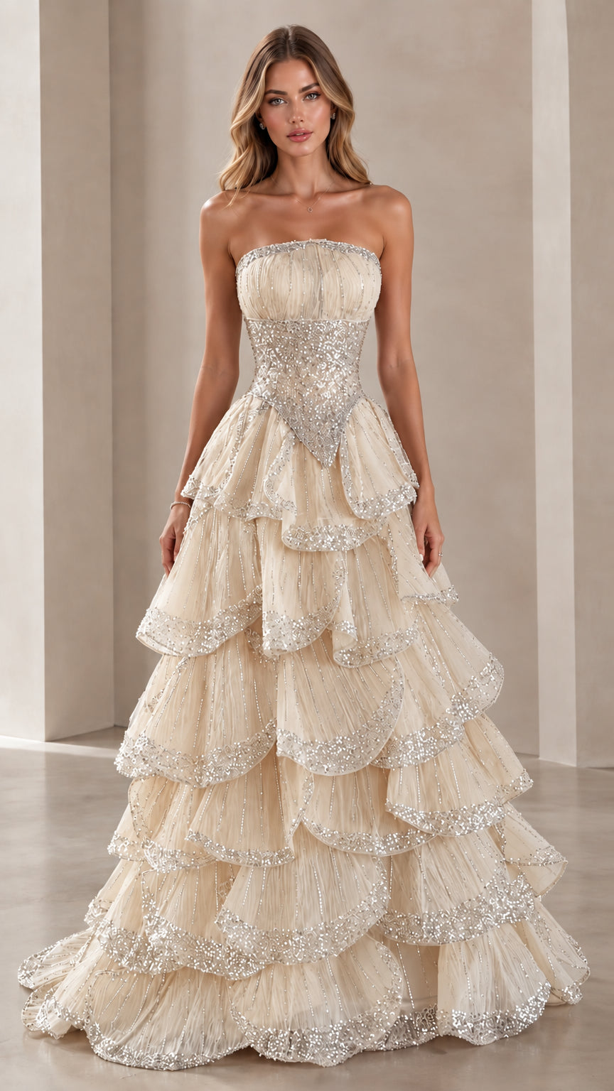 Model wearing Champagne gold strapless tiered sequin ball gown