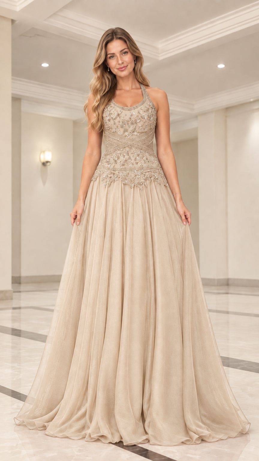 Full front view of model wearing champagne neutral beaded halter neck evening gown