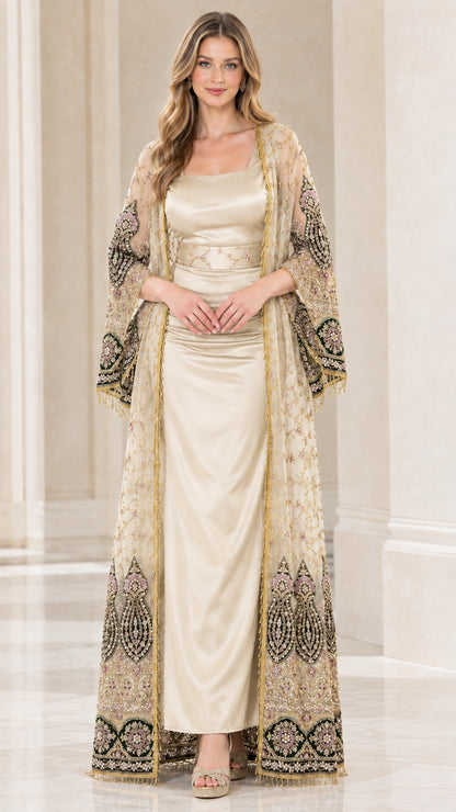 Front view of champagne gold embroidered mesh coat and satin evening gown