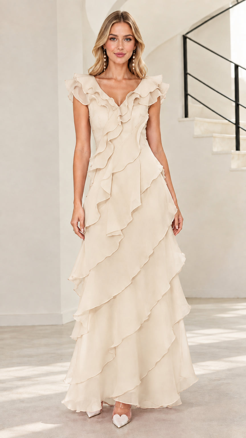 Front view of champagne cream tiered ruffle V-neck evening maxi dress