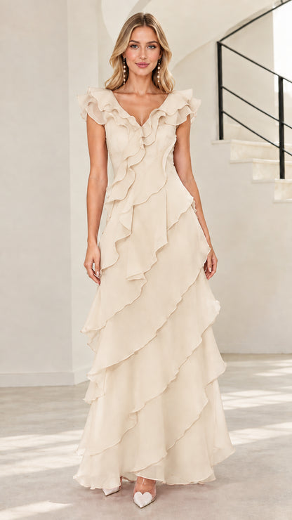 Front view of champagne cream tiered ruffle V-neck evening maxi dress